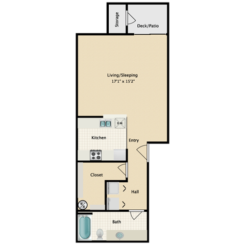Floor plan for studio, 1 bath, 644 sqft